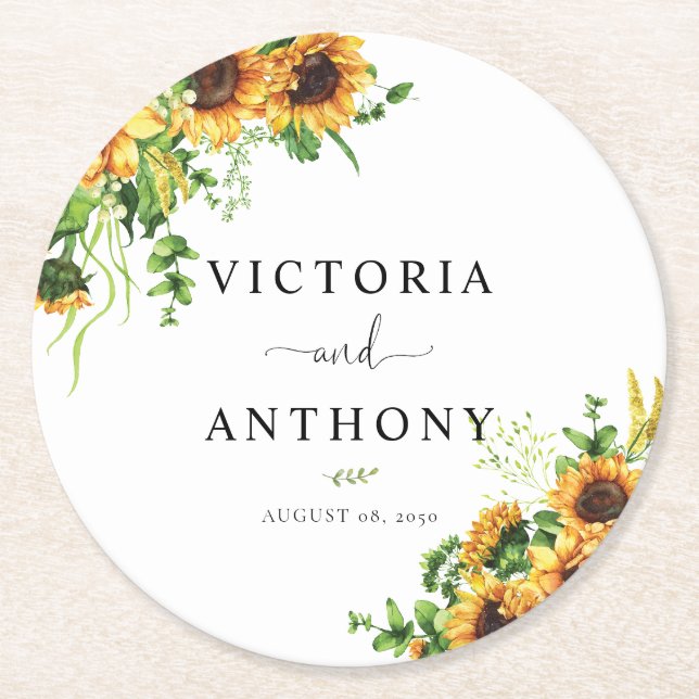 Yellow Floral Round Wedding Coaster (Front)