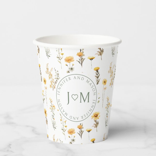 Yellow floral rustic monogram wedding paper cups (Front)