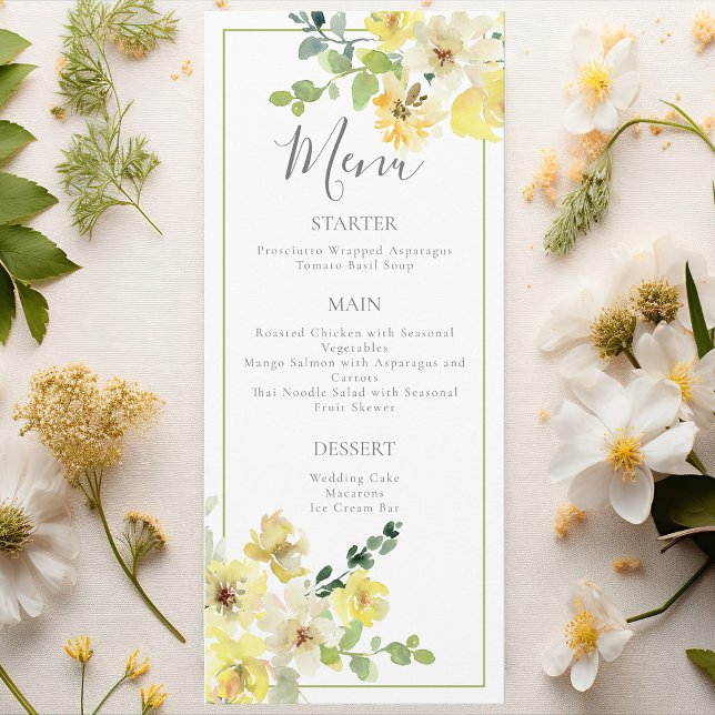 Yellow Floral Sage Green Summer Wedding Dinner Menu (Creator Uploaded)