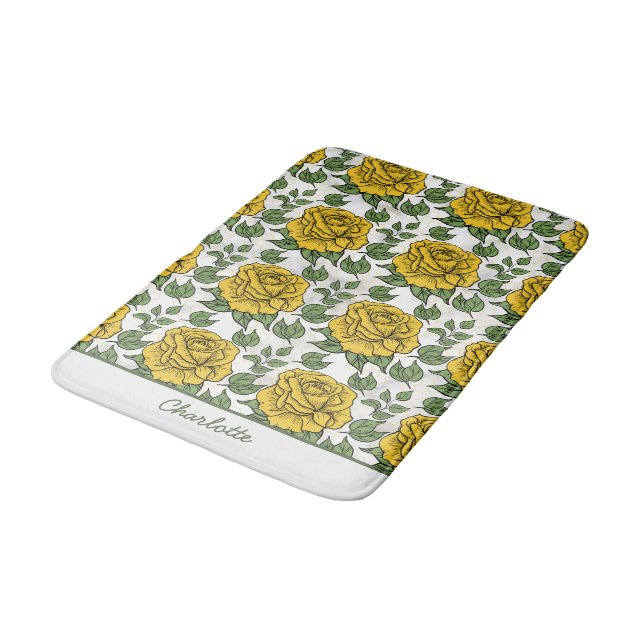 Yellow floral seamless pattern personalised name  bath mat (Angled)