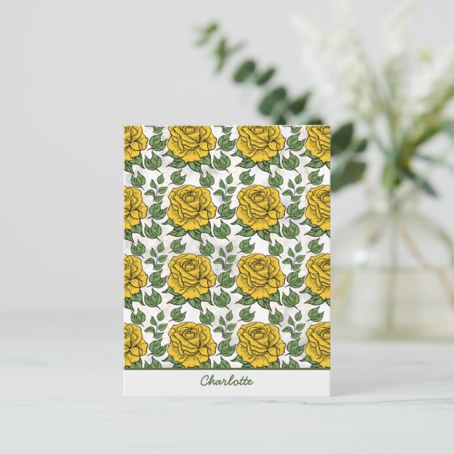 Yellow floral seamless pattern personalised name postcard (Standing Front)
