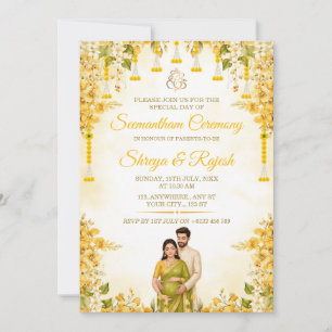 Yellow Floral Seemantham Ceremony Invitation card