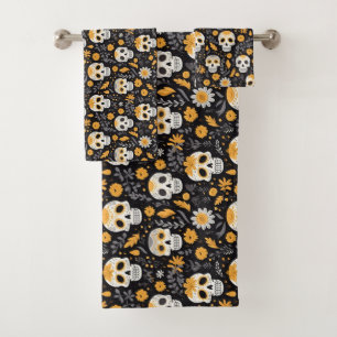Yellow Floral Skull Dia de los Muertos Celebrate Bath Towel Set