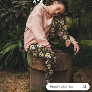 Yellow Floral Skull Dia de los Muertos Yoga & Gym Capri Leggings