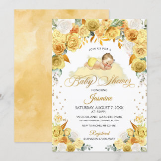 Yellow Floral Sleeping Baby Shower Invitation