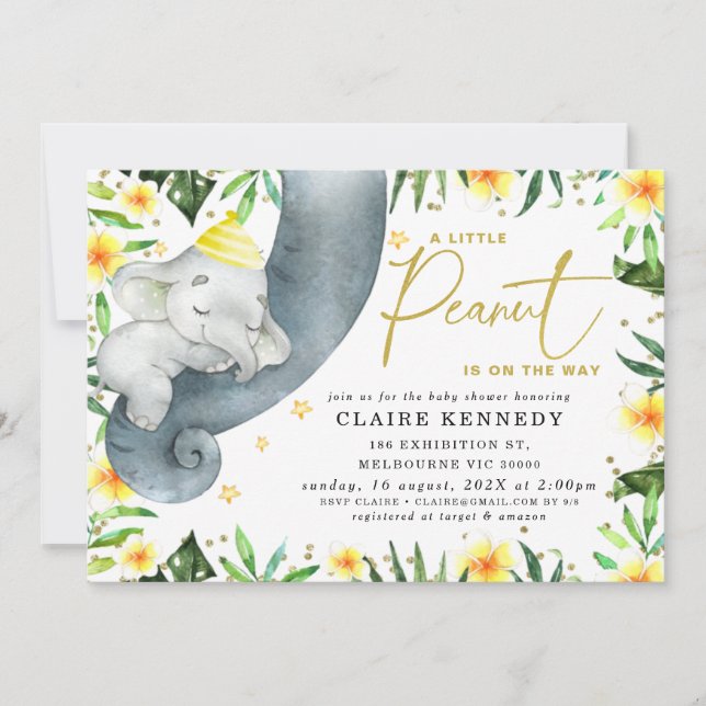 Yellow Floral Sleeping Elephant Trunk Baby Shower  Invitation (Front)