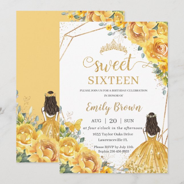 Yellow Floral Sweet 16 Birthday Princess Crown Invitation (Front/Back)