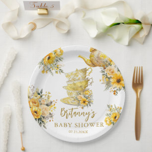 Yellow Floral Tea Party Cups Baby Shower Paper Plate