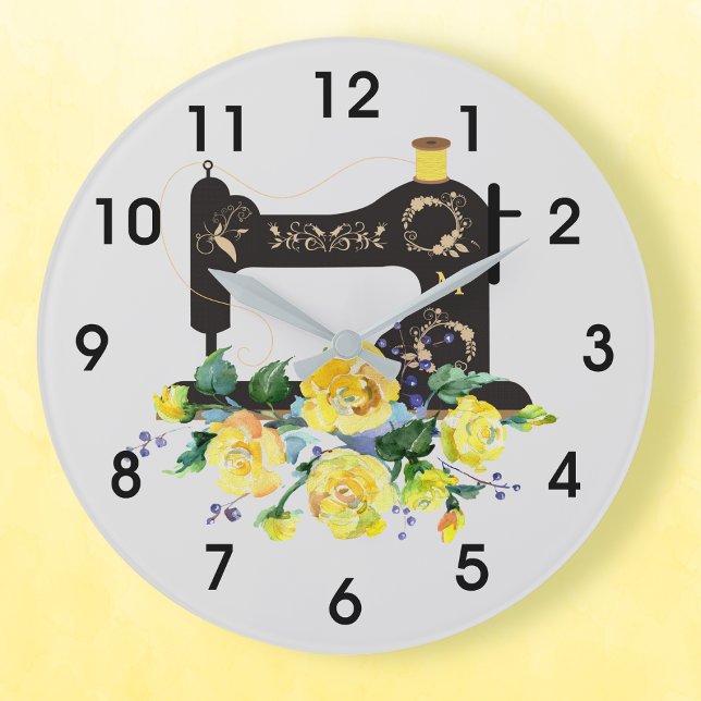 Yellow Floral Vintage Sewing Machine Monogram Large Clock (Creator Uploaded)