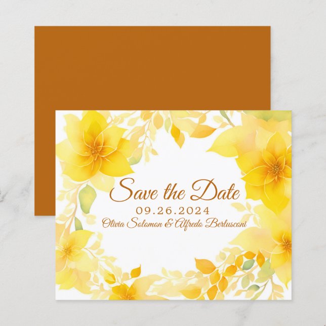 Yellow floral watercolor boho modern save date (Front/Back)