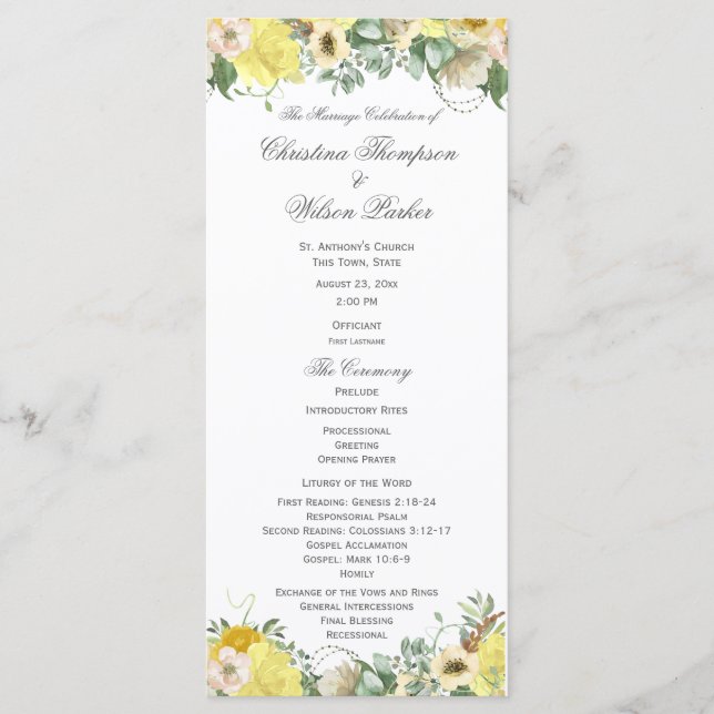Yellow Floral Watercolor Bouquet Wedding Program Programme (Front)