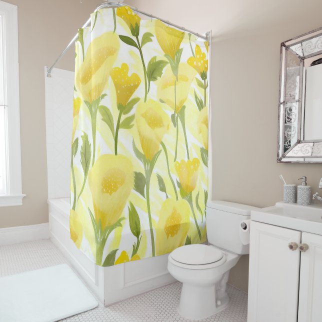 Yellow Floral Watercolor Painting Shower Curtain (In Situ)