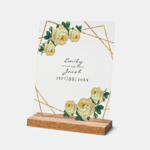 Yellow Floral Wed Elegant Gold Glitter Geometric Acrylic Sign
