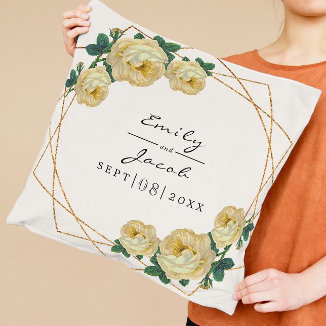 Yellow Floral Wed Elegant Gold Glitter Geometric Cushion (Creator Uploaded)