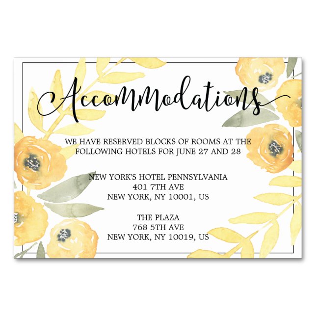 Yellow Floral Wedding Accommodation Cards (Front)