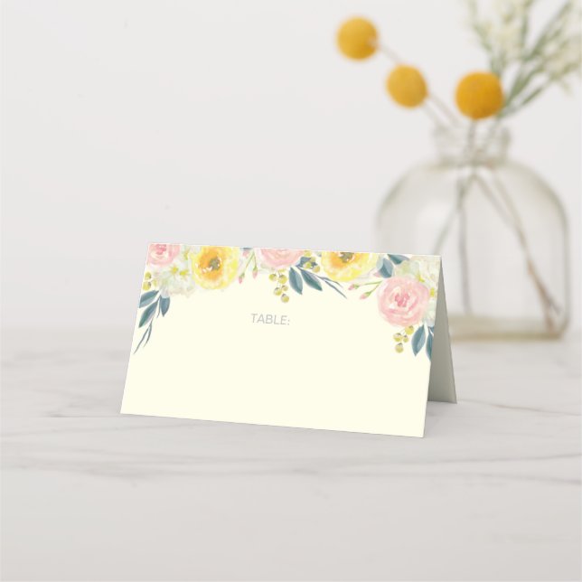 Yellow Floral Wedding Folded Place Card (Front)