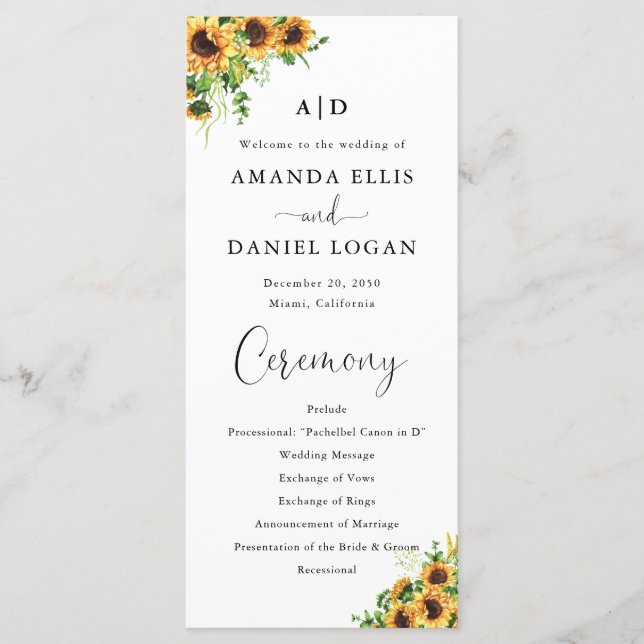 Yellow Floral Wedding Program Programme (Front)