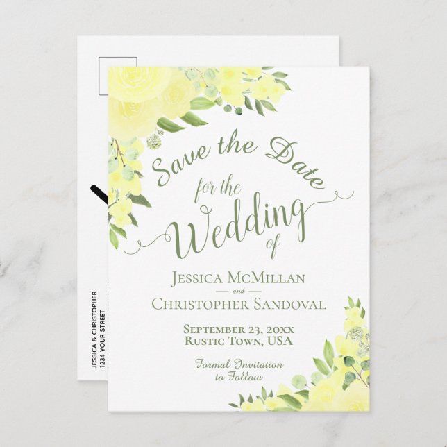 Yellow Floral Wedding Save the Date Calligraphy Announcement Postcard (Front/Back)