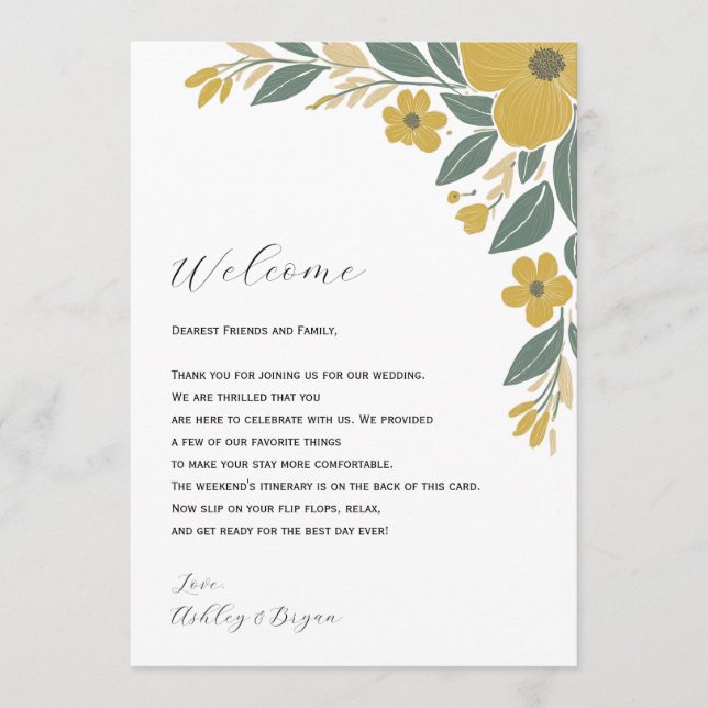 Yellow Floral Wedding Welcome Letter & Itinerary Programme (Front)