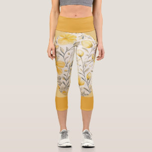 Yellow Floral  With Dark Yellow Band Capri Leggings