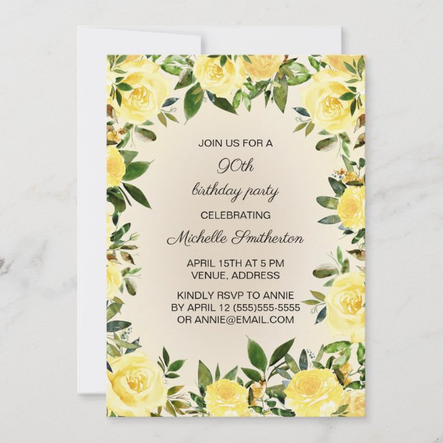Yellow Floral Woman's 90th Birthday Party Invitation (Front)