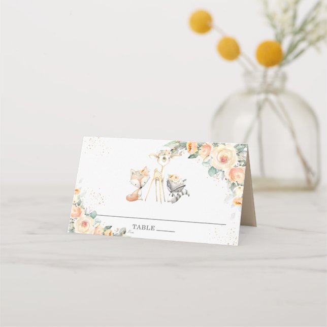 Yellow Floral Woodland Animals Baby Shower Party Place Card (Front)