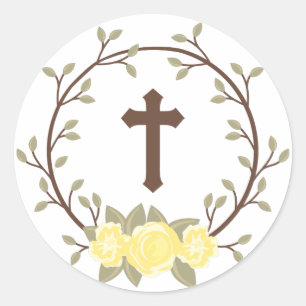 Yellow Floral Wreath Cross Baptism Christening Classic Round Sticker
