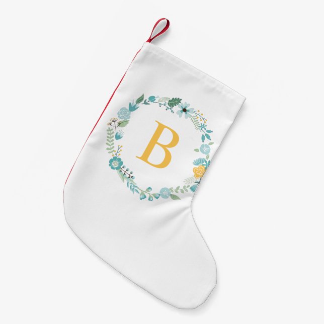 Yellow Floral Wreath Monogram Small Christmas Stocking (Front (Hanging))
