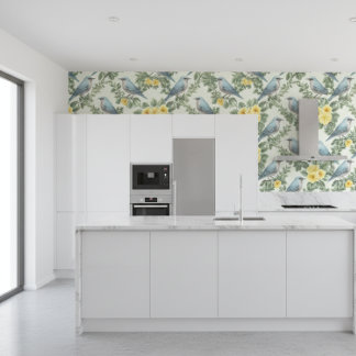 Yellow Florals And Blue Birds Wallpaper