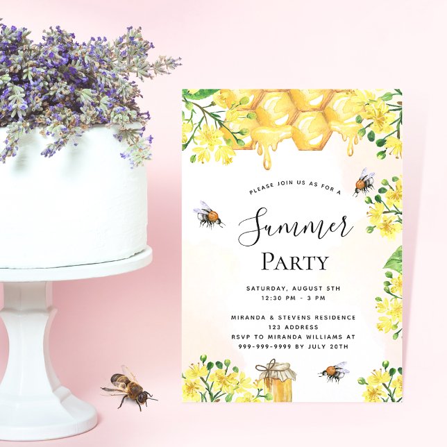 Yellow florals bees honeycomb summer party invitation (Creator Uploaded)