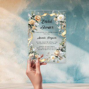 Yellow florals gold ribbon Bridal Shower Acrylic Invitations
