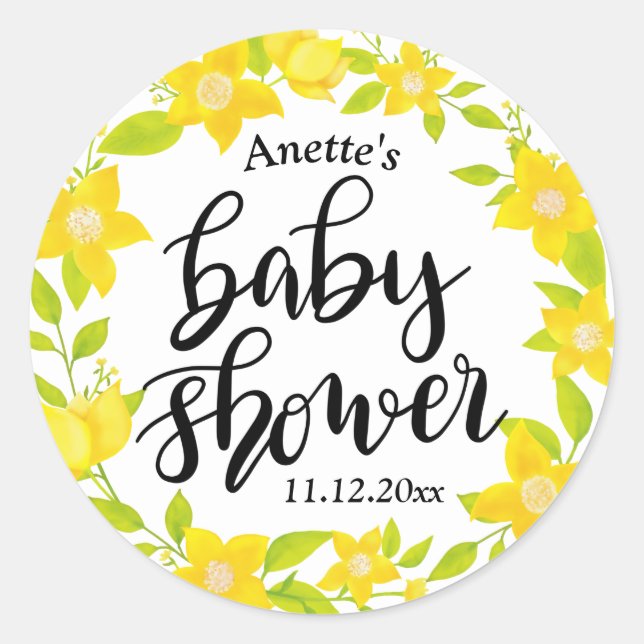 Yellow Florals | Handwritten Baby Shower Classic Round Sticker (Front)