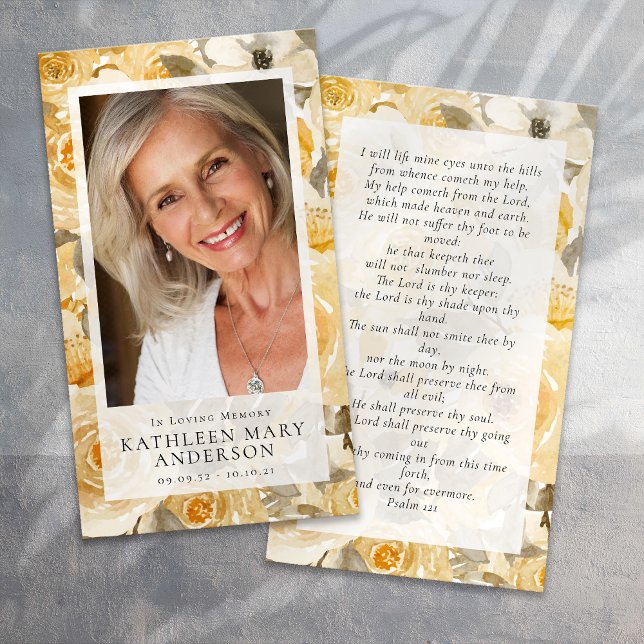 Yellow Florals Photo Funeral Memorial Prayer Card (Creator Uploaded)