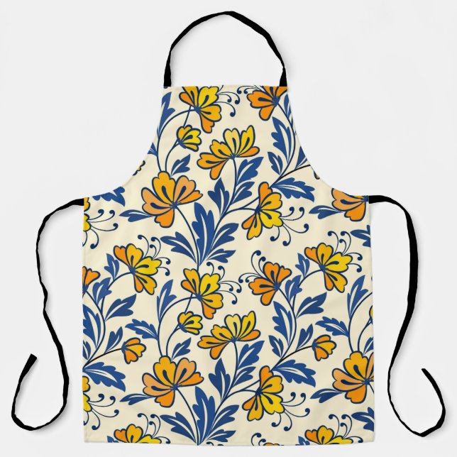 Yellow flower and blue leaf design seamless patter apron (Front)