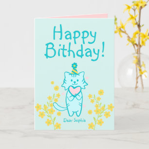 Yellow Flower&Blue Cat wearing Hat&Heart Birthday Card