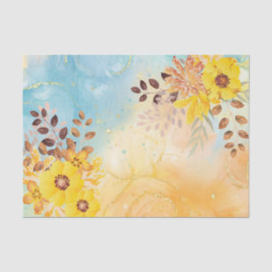 Yellow Flower Blue Marble Watercolor Decoupage  Tissue Paper