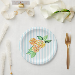 Yellow Flower Blue Stripe Paper Plate