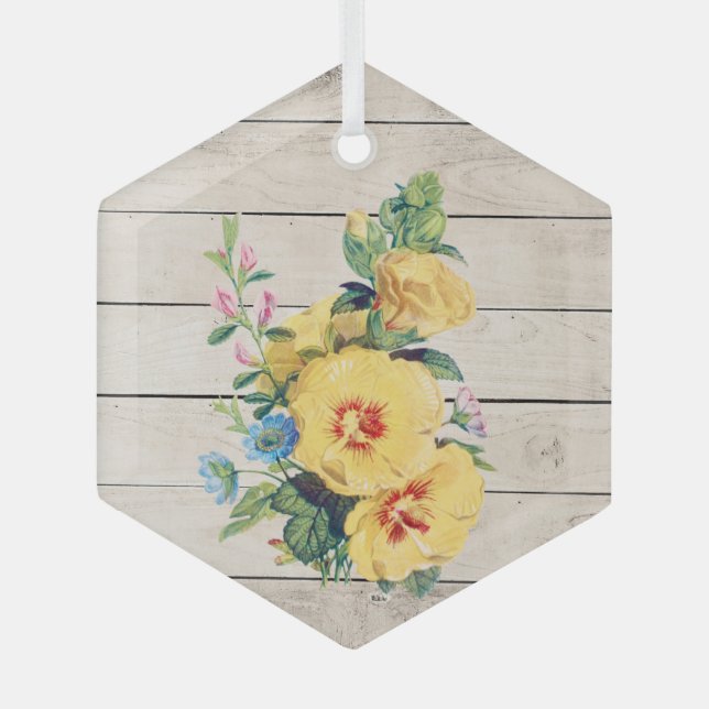 Yellow Flower Bouquet on Faux Weathered Wood Glass Tree Decoration (Front)