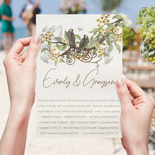 Yellow Flower Brown Vintage Birds Wedding Invite (Creator Uploaded)