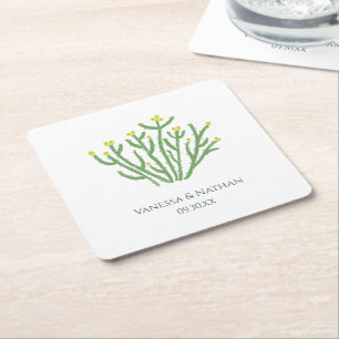 Yellow Flower Cholla Cactus Wedding Cocktail Hour Square Paper Coaster