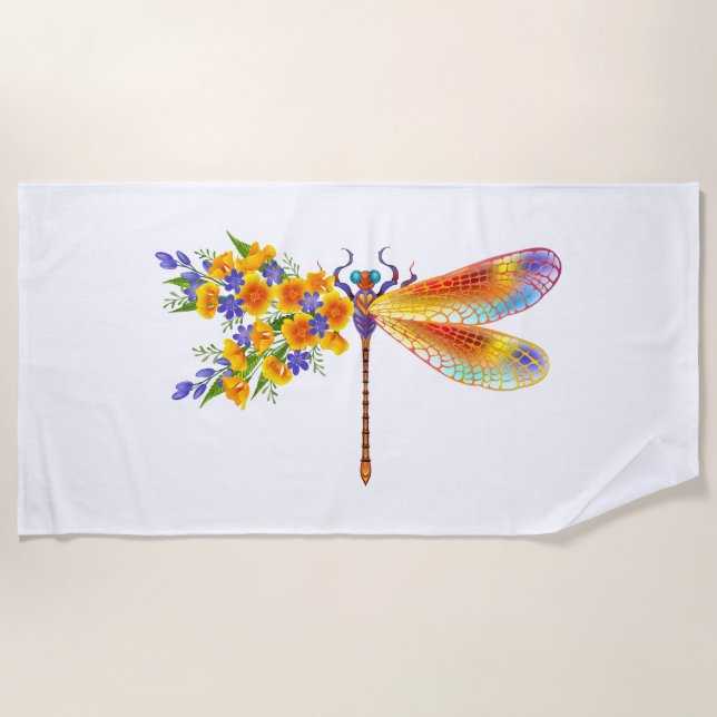 Yellow Flower Dragonfly Beach Towel (Front)