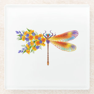 Yellow Flower Dragonfly Glass Coaster