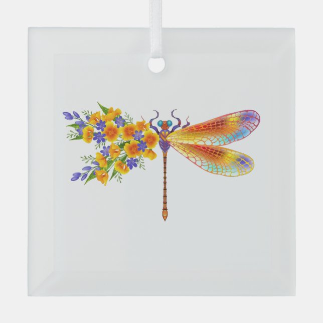 Yellow Flower Dragonfly Glass Tree Decoration (Front)