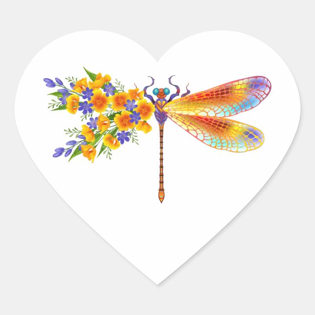 Yellow Flower Dragonfly Heart Sticker (Front)