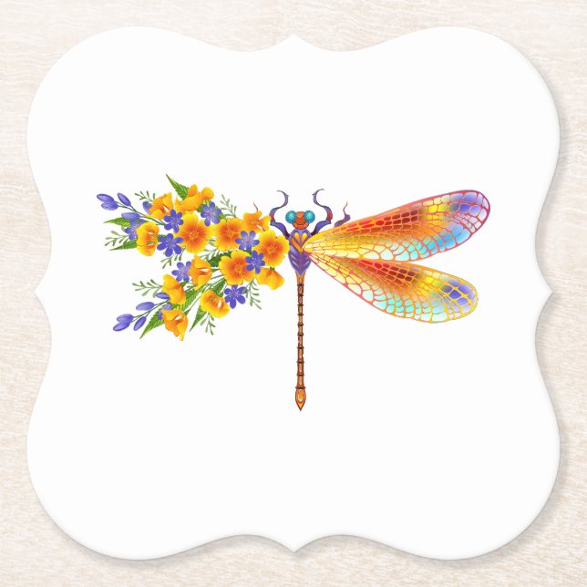 Yellow Flower Dragonfly Paper Coaster (Front)