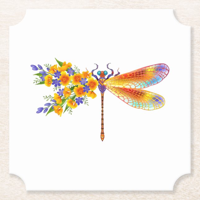Yellow Flower Dragonfly Paper Coaster (Front)