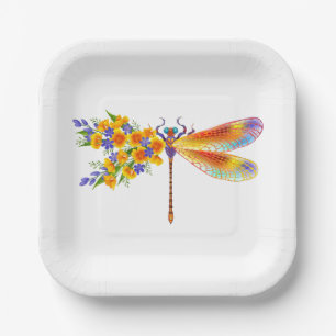 Yellow Flower Dragonfly Paper Plate