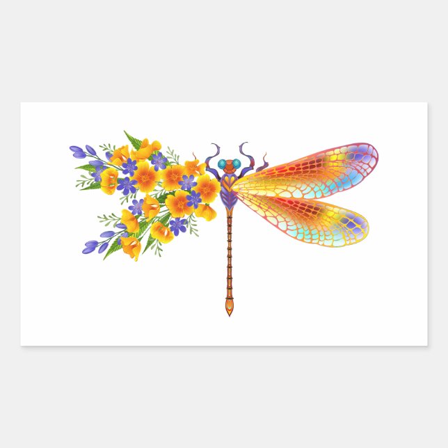 Yellow Flower Dragonfly Rectangular Sticker (Front)