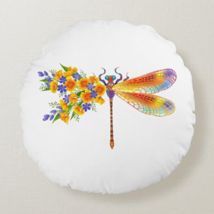 Yellow Flower Dragonfly Round Cushion