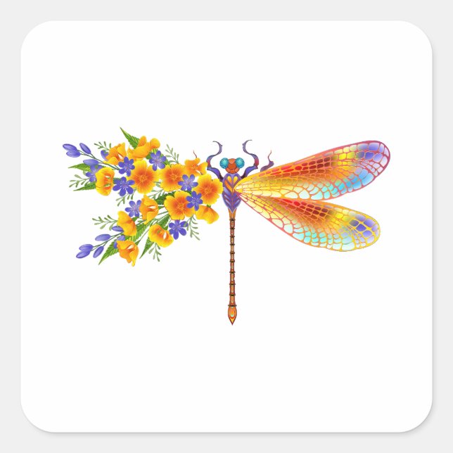 Yellow Flower Dragonfly Square Sticker (Front)